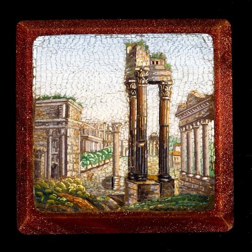 102 - A Grand Tour Temple of Vespasian ruin micro-mosaic panel, 19th century, set in gold stone surround, ... 