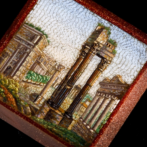 102 - A Grand Tour Temple of Vespasian ruin micro-mosaic panel, 19th century, set in gold stone surround, ... 