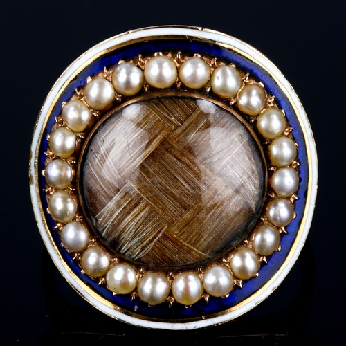 104 - A Georgian rose gold enamel and pearl memorial ring, central lattice woven hair panel beneath convex... 