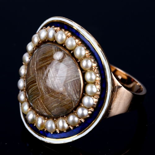 104 - A Georgian rose gold enamel and pearl memorial ring, central lattice woven hair panel beneath convex... 