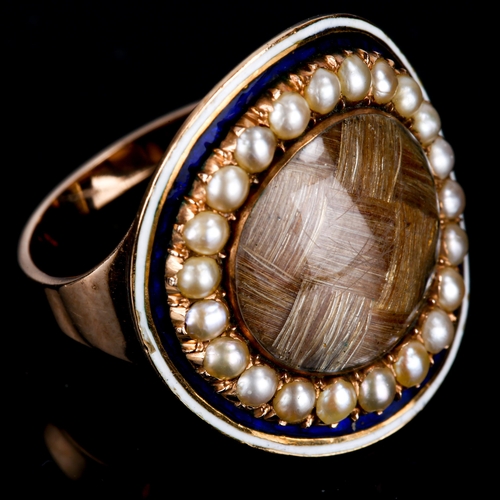 104 - A Georgian rose gold enamel and pearl memorial ring, central lattice woven hair panel beneath convex... 