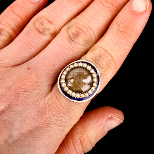 104 - A Georgian rose gold enamel and pearl memorial ring, central lattice woven hair panel beneath convex... 