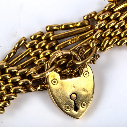 107 - An 18ct gold gate link bracelet, with 18ct heart padlock clasp, hallmarks London 1905, bracelet leng... 