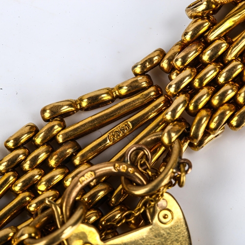 107 - An 18ct gold gate link bracelet, with 18ct heart padlock clasp, hallmarks London 1905, bracelet leng... 