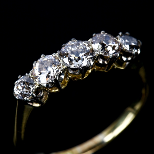 111 - An 18ct gold graduated 5-stone diamond half hoop ring, set with old European-cut diamonds, total dia... 