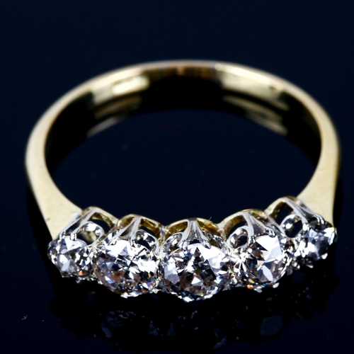 111 - An 18ct gold graduated 5-stone diamond half hoop ring, set with old European-cut diamonds, total dia... 