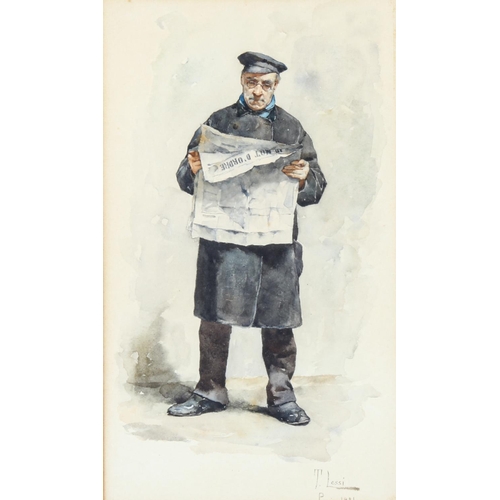 2005 - T Lessi, watercolour, study of a man reading a newspaper, signed and dated Paris 1881, 26cm x 15cm, ... 