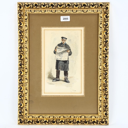 2005 - T Lessi, watercolour, study of a man reading a newspaper, signed and dated Paris 1881, 26cm x 15cm, ... 