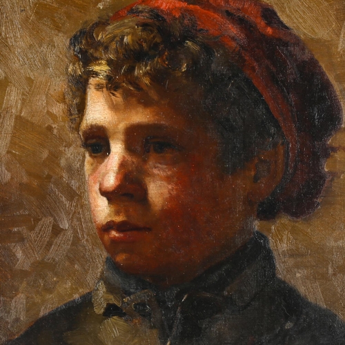 2006 - A late 19th century oil on canvas, portrait of a boy with a red cap, unsigned, 43cm x 35cm, framed