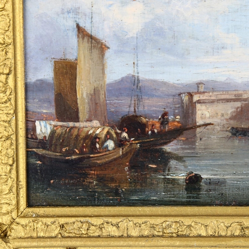 2008 - 19th century oil on wood panel, Continental harbour scene, unsigned, 13cm x 18cm, framed