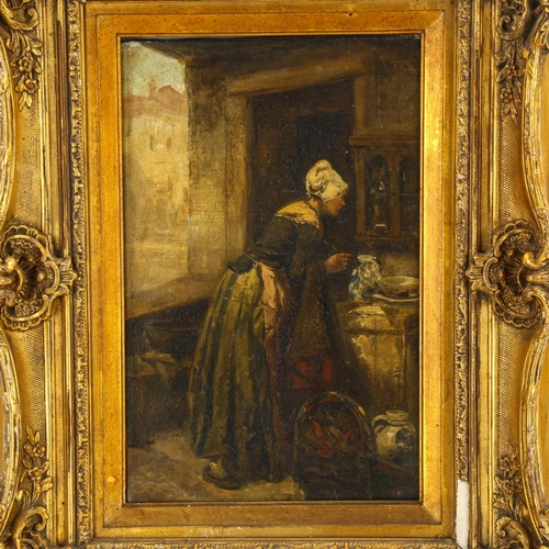 2014 - 19th century Dutch School, oil on canvas, woman in kitchen, unsigned, 33cm x 21cm, framed