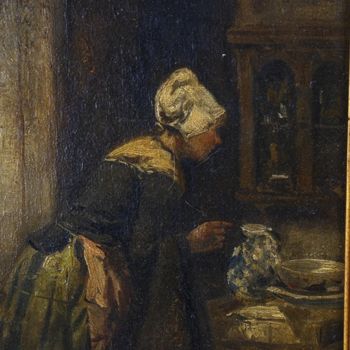 2014 - 19th century Dutch School, oil on canvas, woman in kitchen, unsigned, 33cm x 21cm, framed