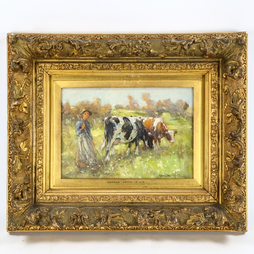 2015 - George Smith RSA, oil on panel, cattle and herd in the meadow, signed, 17cm x 24cm, framed