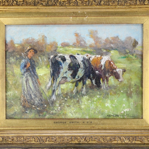 2015 - George Smith RSA, oil on panel, cattle and herd in the meadow, signed, 17cm x 24cm, framed