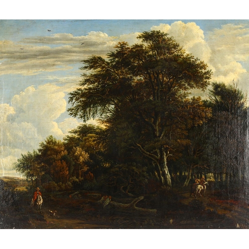 2021 - Early 19th century oil on canvas, travellers and horses on a woodland road, unsigned, 60cm x 72cm, u... 