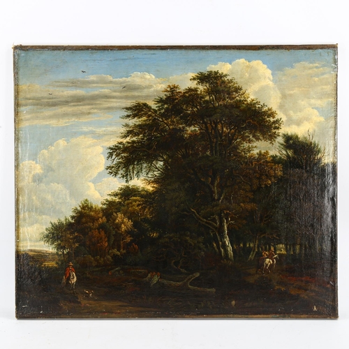 2021 - Early 19th century oil on canvas, travellers and horses on a woodland road, unsigned, 60cm x 72cm, u... 