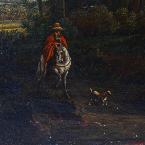 2021 - Early 19th century oil on canvas, travellers and horses on a woodland road, unsigned, 60cm x 72cm, u... 