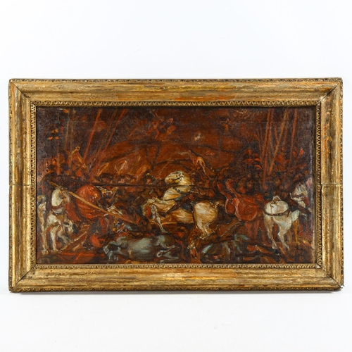 2022 - Mid-20th century oil on canvas, dramatic battle scene, unsigned, inscribed verso, Knud Max Moller, 4... 