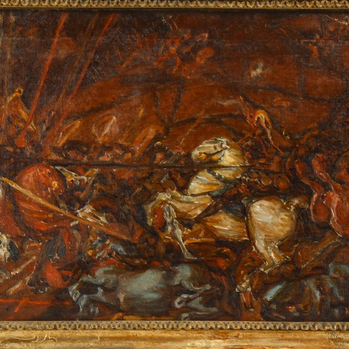 2022 - Mid-20th century oil on canvas, dramatic battle scene, unsigned, inscribed verso, Knud Max Moller, 4... 