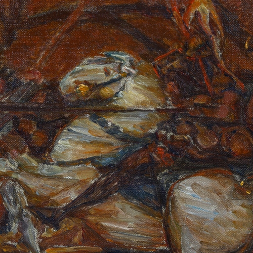 2022 - Mid-20th century oil on canvas, dramatic battle scene, unsigned, inscribed verso, Knud Max Moller, 4... 