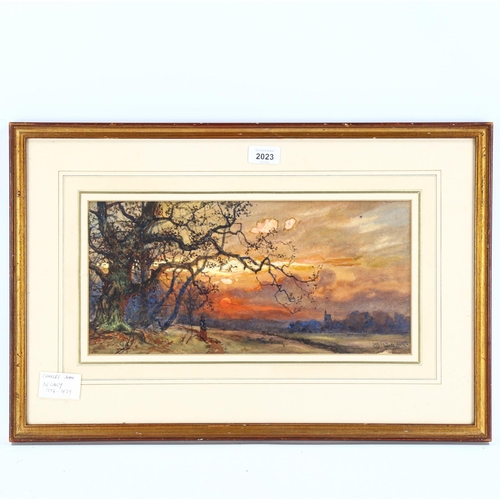 2023 - Charles John De Lacy (1856 - 1929), watercolour, sunset landscape, signed, 20cm x 40cm, framed