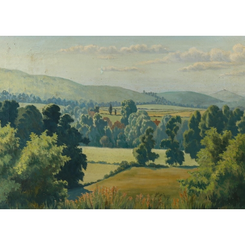 2024 - J Ward, oil on canvas, summer in Somerset, signed and dated 1947, original label verso, 55cm x 73cm,... 