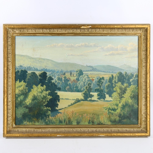 2024 - J Ward, oil on canvas, summer in Somerset, signed and dated 1947, original label verso, 55cm x 73cm,... 