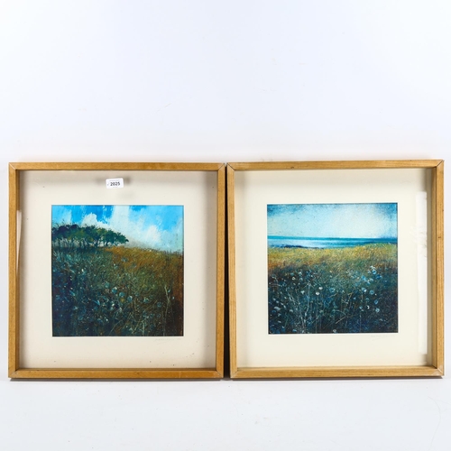 2025 - Jonathan Trim, pair of mixed media paintings on board, meadow landscapes, signed, 30cm x 30cm, frame... 