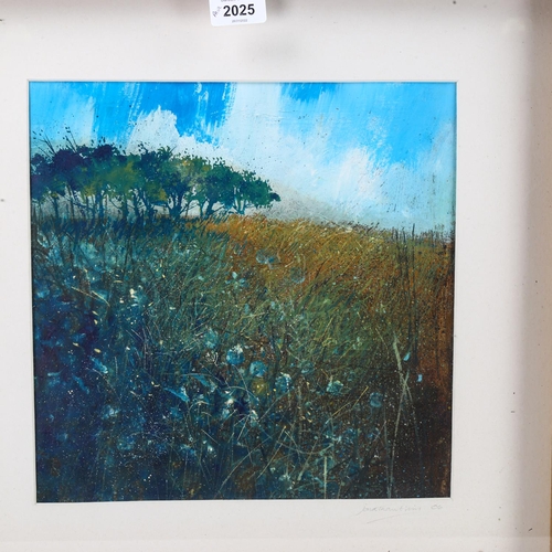 2025 - Jonathan Trim, pair of mixed media paintings on board, meadow landscapes, signed, 30cm x 30cm, frame... 