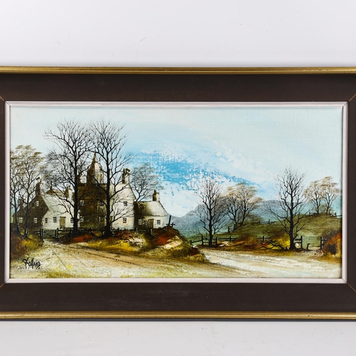 2028 - Folland, mid-century oil on canvas, farmhouse, signed, 40cm x 75cm, framed