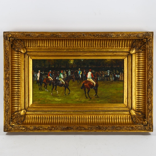 2031 - Contemporary oil on panel, racehorses at the start, unsigned, 20cm x 41cm, framed