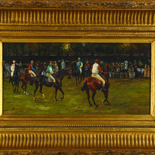 2031 - Contemporary oil on panel, racehorses at the start, unsigned, 20cm x 41cm, framed