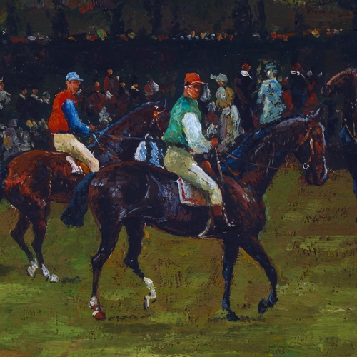 2031 - Contemporary oil on panel, racehorses at the start, unsigned, 20cm x 41cm, framed