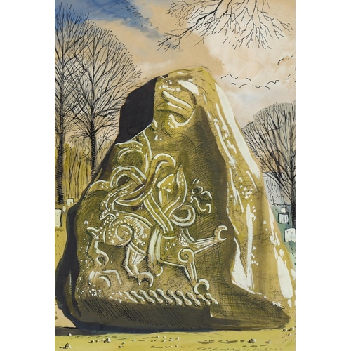 2035 - Mid-20th century watercolour, Celtic dragon rock, signed Selling Forbes-Denmark, 26cm x 18cm, framed