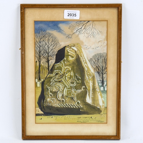 2035 - Mid-20th century watercolour, Celtic dragon rock, signed Selling Forbes-Denmark, 26cm x 18cm, framed