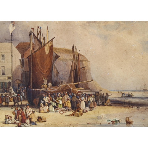 2039 - Thomas Brabazon Aylmer (1806 - 1856), watercolour, fish market Hastings, signed with initials, 20cm ... 