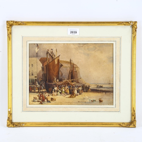 2039 - Thomas Brabazon Aylmer (1806 - 1856), watercolour, fish market Hastings, signed with initials, 20cm ... 