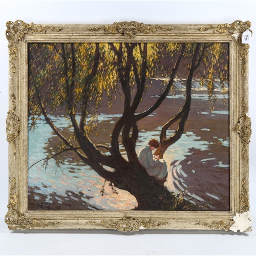 2045 - Alfred Egerton Cooper, oil on canvas, figure at the lakeside, signed with monogram, artist's inscrip... 