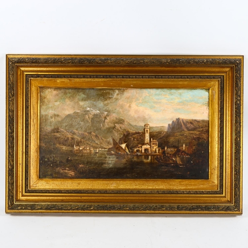 2048 - 19th century oil on canvas, Continental lake view, indistinctly signed, 30cm x 55cm, framed