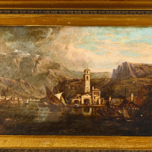 2048 - 19th century oil on canvas, Continental lake view, indistinctly signed, 30cm x 55cm, framed