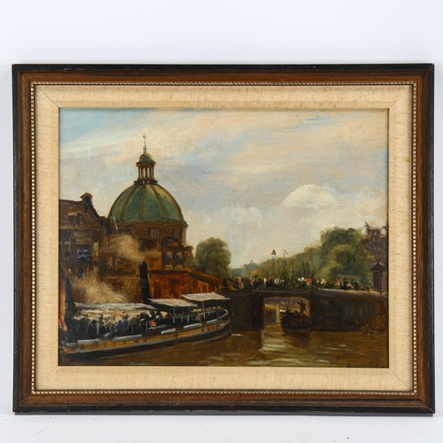 2051 - Early 20th century oil on wood panel, passenger steam boat on river, indistinctly signed, 30cm x 38c... 