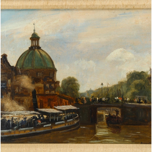 2051 - Early 20th century oil on wood panel, passenger steam boat on river, indistinctly signed, 30cm x 38c... 