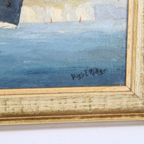2052 - Hugh Ridge, oil on canvas, ferry leaving Dover, signed, 30cm x 50cm, framed