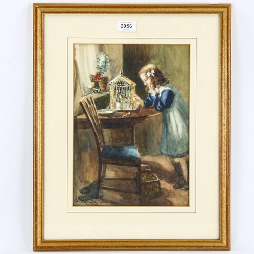 2056 - John Houston RSW, watercolour, girl with bird in a cage, signed, 34cm x 24cm, framed