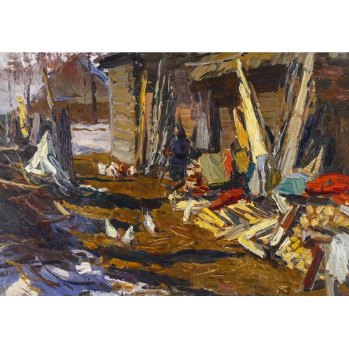 2058 - Vladimir Gremitsky, Russian School oil on board, farmyard scene, inscribed verso with date 1958, 35c... 