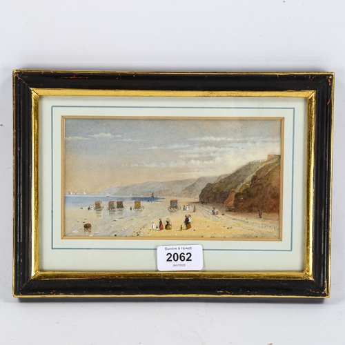 2062 - 19th century watercolour, bathing huts, unsigned, 10cm x 18cm, framed