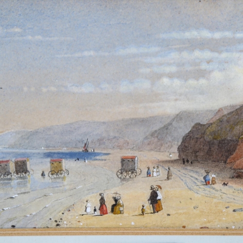 2062 - 19th century watercolour, bathing huts, unsigned, 10cm x 18cm, framed