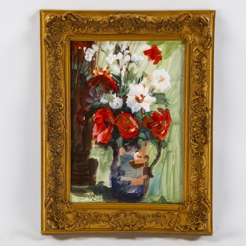 2063 - 20th century oil on board, impressionist still life, indistinctly signed, 27cm x 18cm, framed