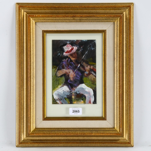 2065 - 20th century oil on board, violin player, signed with monogram SEVD, 20cm x 13cm, framed