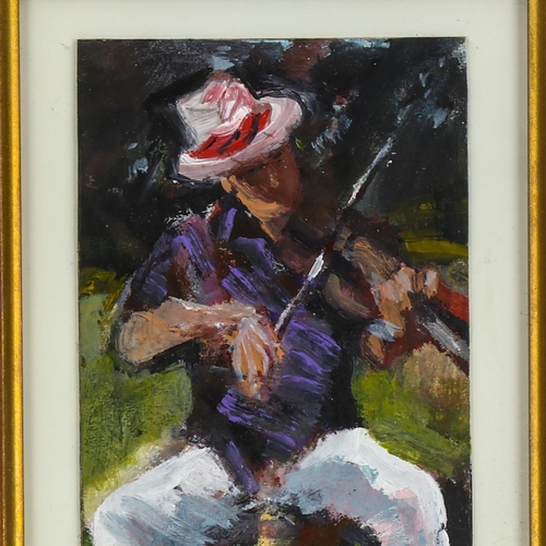 2065 - 20th century oil on board, violin player, signed with monogram SEVD, 20cm x 13cm, framed